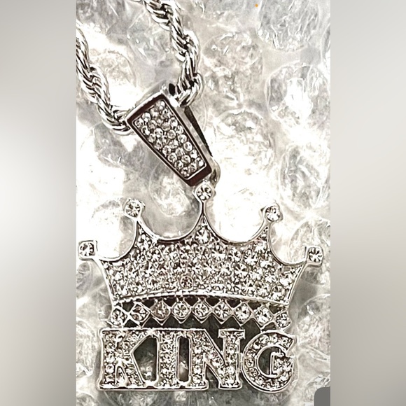 Men’s Rope Chain Necklaces & King Pendant. Stainless Steel Set Sparkly CZs - Picture 2 of 4